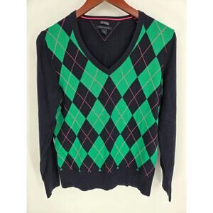 Tommy Hilfiger Navy Green Argyle V-Neck Sweater 100% Pima Cotton Women's L